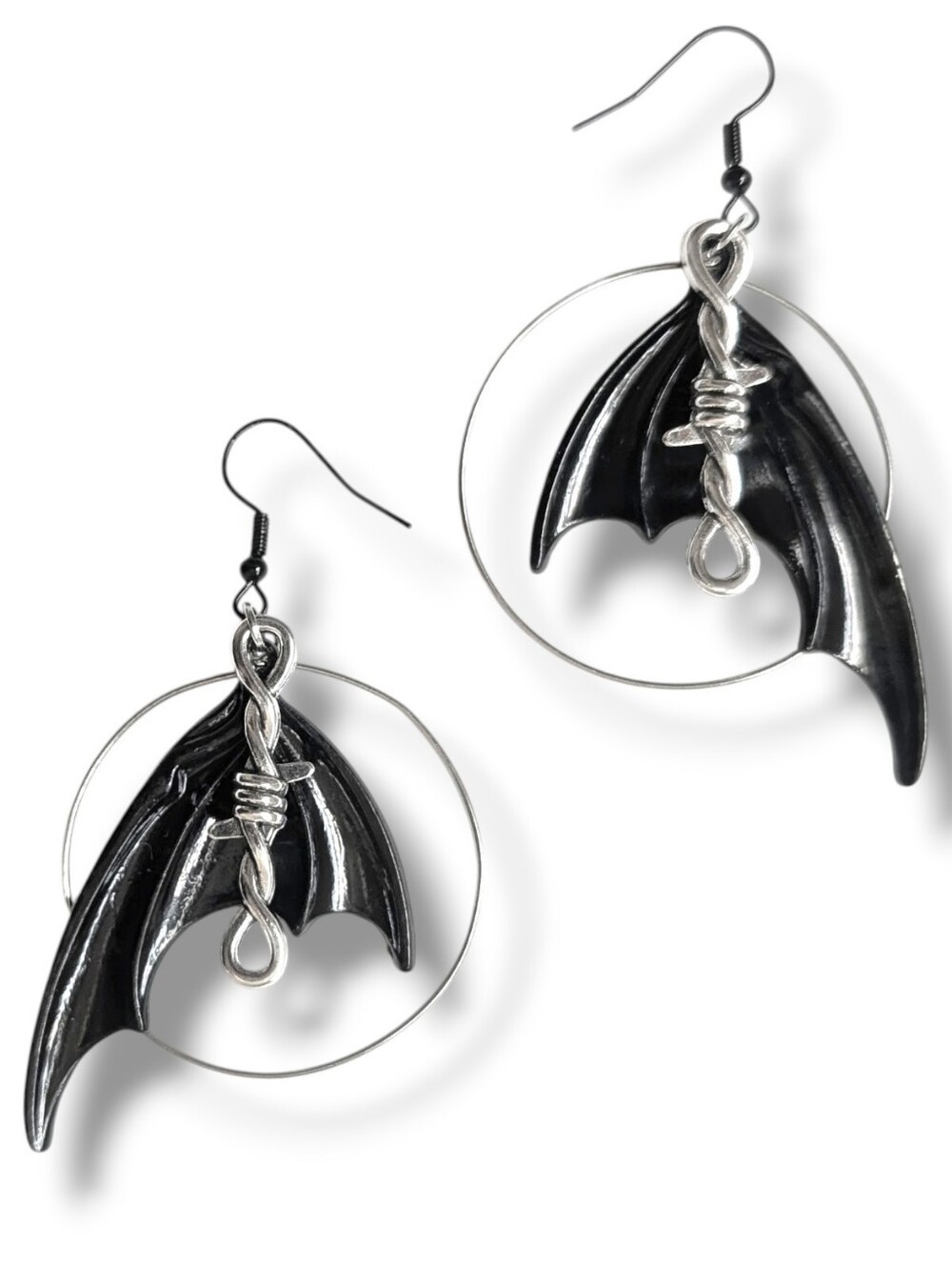 NWT Handmade Black Bat Wing Barbed Wire Hoop Earrings